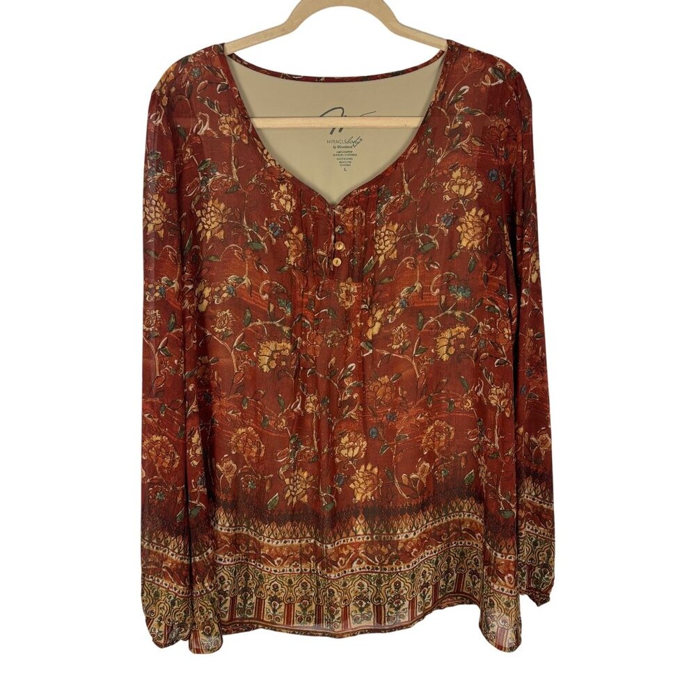Miraclebody By Miraclesuit L Long Sleeve Floral BlouseTop Flowy Fall Red Print